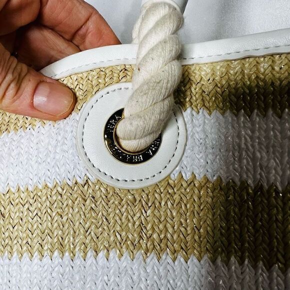 Vera Bradley White Gold Tan Striped Rope Handle Beach Bag Tote - Picture 2 of 10